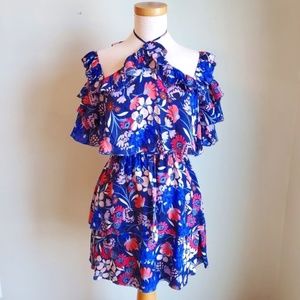 Parker Lorenzo Blue Floral Ruffle Dress sz 2 Halter Ties at Neck